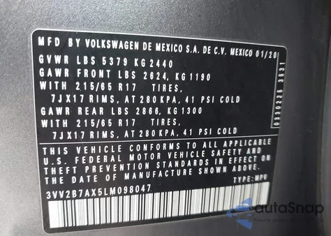 2020 Volkswagen Tiguan 2.0T Se/2.0T Se R-Line Black/2.0T Sel z USA, uszkodzony, nr VIN 3VV2B7AX5LM098047